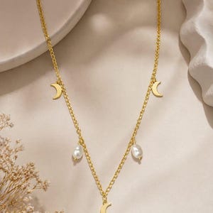 Gold Moon Charm Pearl Necklace: Celestial Dainty Layered Chain Jewelry