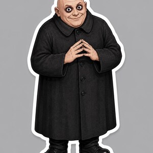 May include: A sticker illustration of a bald, pale-skinned character with dark circles around the eyes, wearing a long, black, button-up coat and black shoes. The character has a slight smile and is holding hands together in front of the chest.