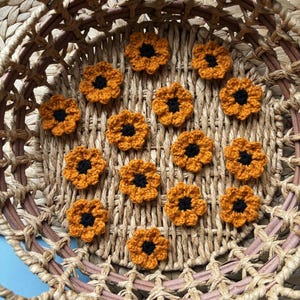 May include: A collection of small, crocheted flowers in a woven basket. The flowers are orange with black centres. The basket is made from natural fibres, with a circular shape and a woven pattern.