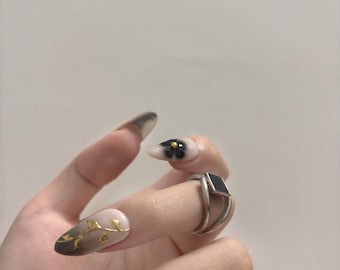 Press-on nails – Black and gold smoke art with hand-painted leaves and 3D accents | Elegant glam look