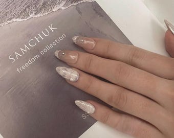 Press On Nails – Purple & White Marble with 3D Shell Texture | Elegant Ocean-Inspired Nails, Handmade and Reusable