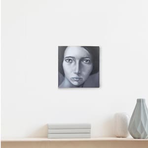 Black and white portrait of a woman, oil painting, canvas board
