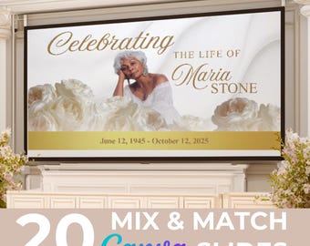 Funeral Slideshow Template: Editable Memorial Tribute with white roses (Canva, Digital Download)