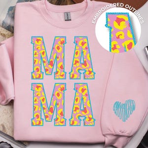Leopardo de neón MAMA PNG / Letras bordadas falsas / Camiseta del día de la madre / Sublimación de estampado de guepardo / Descarga digital de tendencia de 300 DPI