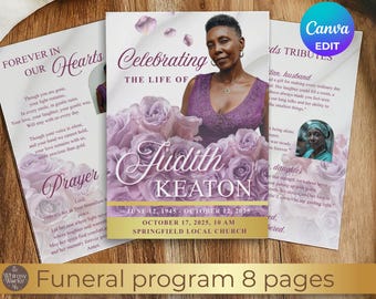 Purple Roses Funeral Program Template, Memorial Photo Collage, 8 Pages Canva Edit Template