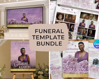 Christian Funeral Template Bundle | Purple roses Memorial Sign, Program, Slideshow Set | Editable Canva