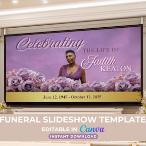 Funeral Slideshow Template: Editable Memorial Tribute with purple roses (Canva, Digital Download)
