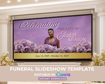 Funeral Slideshow Template: Editable Memorial Tribute with purple roses (Canva, Digital Download)