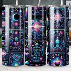 Vaso envolvente con cartas del tarot / Vaso delgado de 20 oz con vibraciones celestiales de brujas sin costuras / Descarga digital PNG de luna mística, estrellas y Wicca