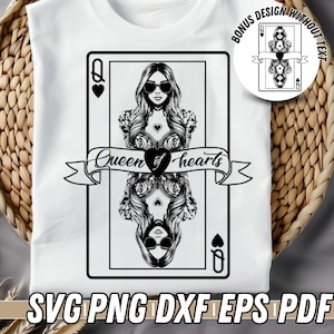 Reina de Corazones SVG PNG / Diseño de naipes personalizable / Clipart feminista / Versión editable en blanco / Descarga digital femenina / SVG atrevido