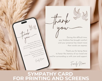 Sympathy Thank You Card Template – Memorial Acknowledgment Note with Doves (Digital Download)