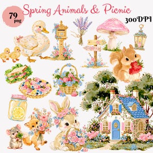 Puede incluir: Ilustraciones en acuarela de animales de primavera y elementos de picnic. Incluye un pato con patitos, una ardilla con una fresa, un conejito con una cesta de flores, un zorro, un ratón, una seta, una casa y una cesta de flores.