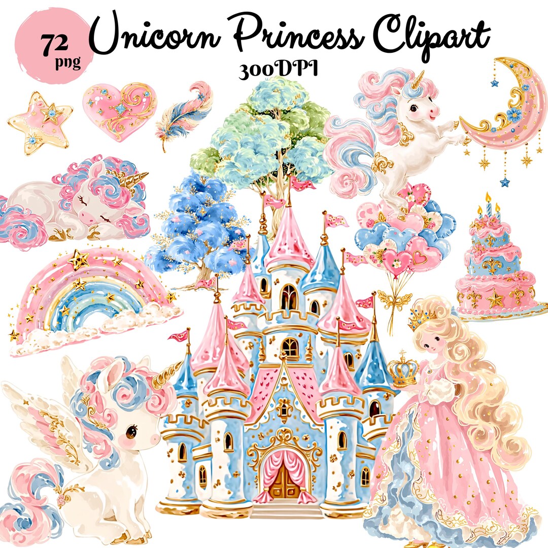 Princess Unicorn Clipart Bundle – 72 PNG Fairy Tale Party Elements for ...