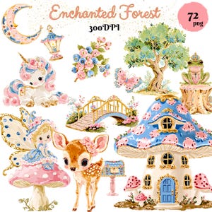 Förtrollad skog Clipart-paket, pastellfärgade skogsdjur och älvor PNG, söt vintage sagoboksstil