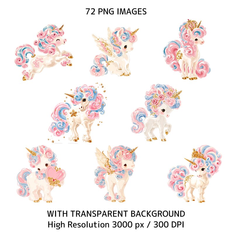 Princess Unicorn Clipart Bundle – 72 PNG Fairy Tale Party Elements for ...