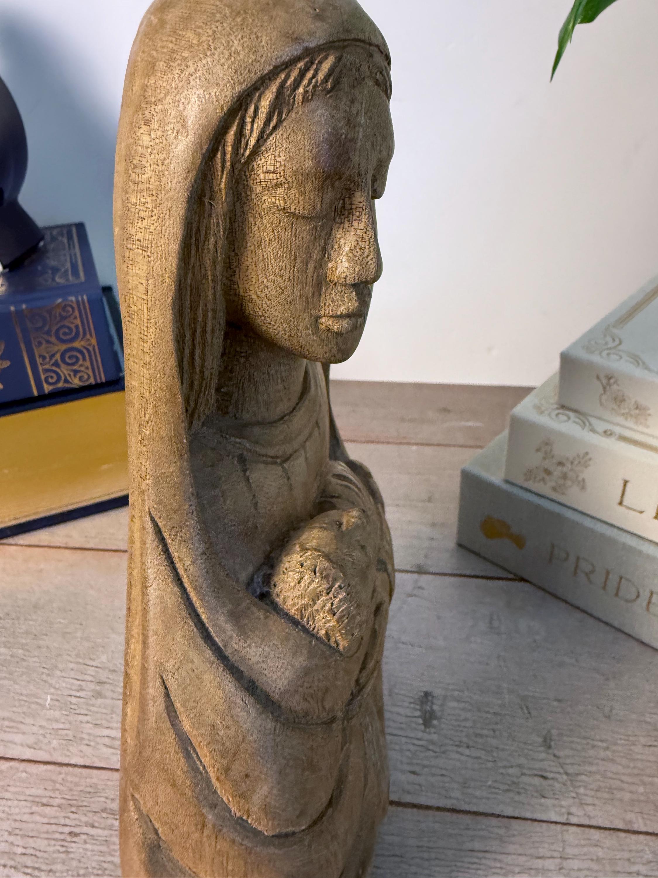Vintage Hand Carved Wood Madonna and Child Statue Mary Jesus Religious ...