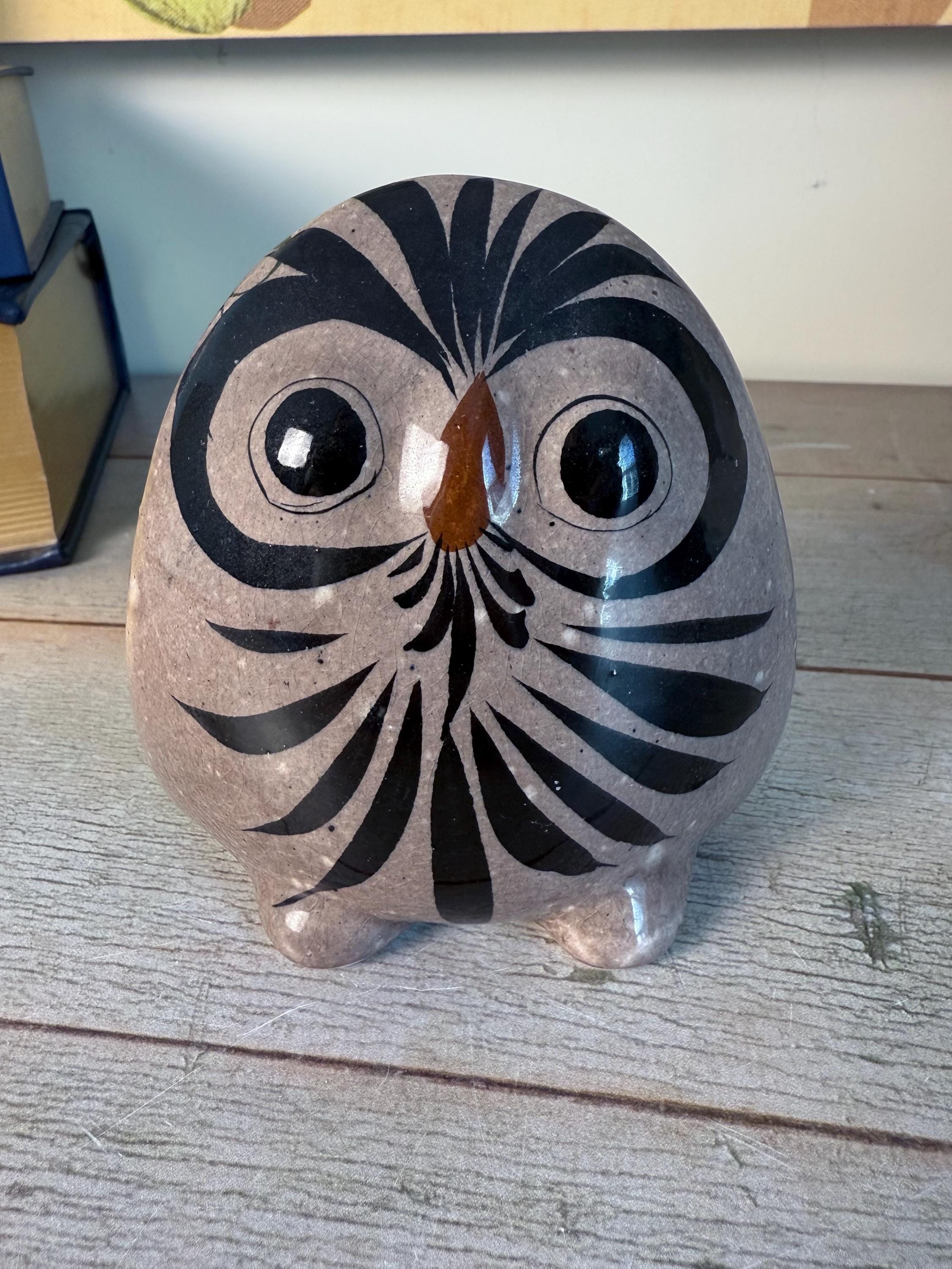 Vintage Tonala Owl Figurine | 4.5 Inch Mexican Folk Art Owl | Hand Painted Burnished Clay