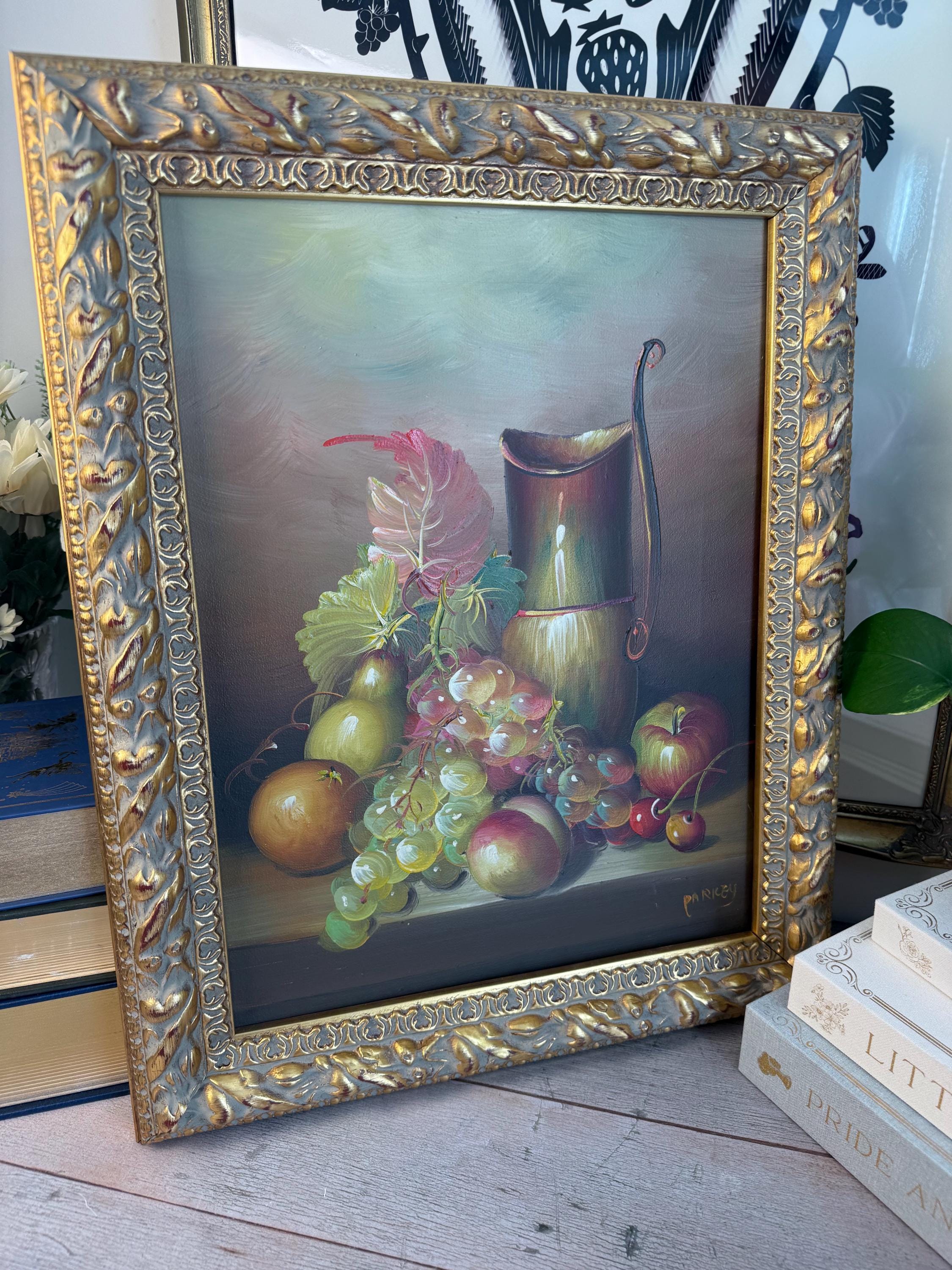 果物の静物画 油彩 金色フレーム ヴィンテージ静物油絵 - フルーツと水差し、華やかなゴールドフレーム 絵画
