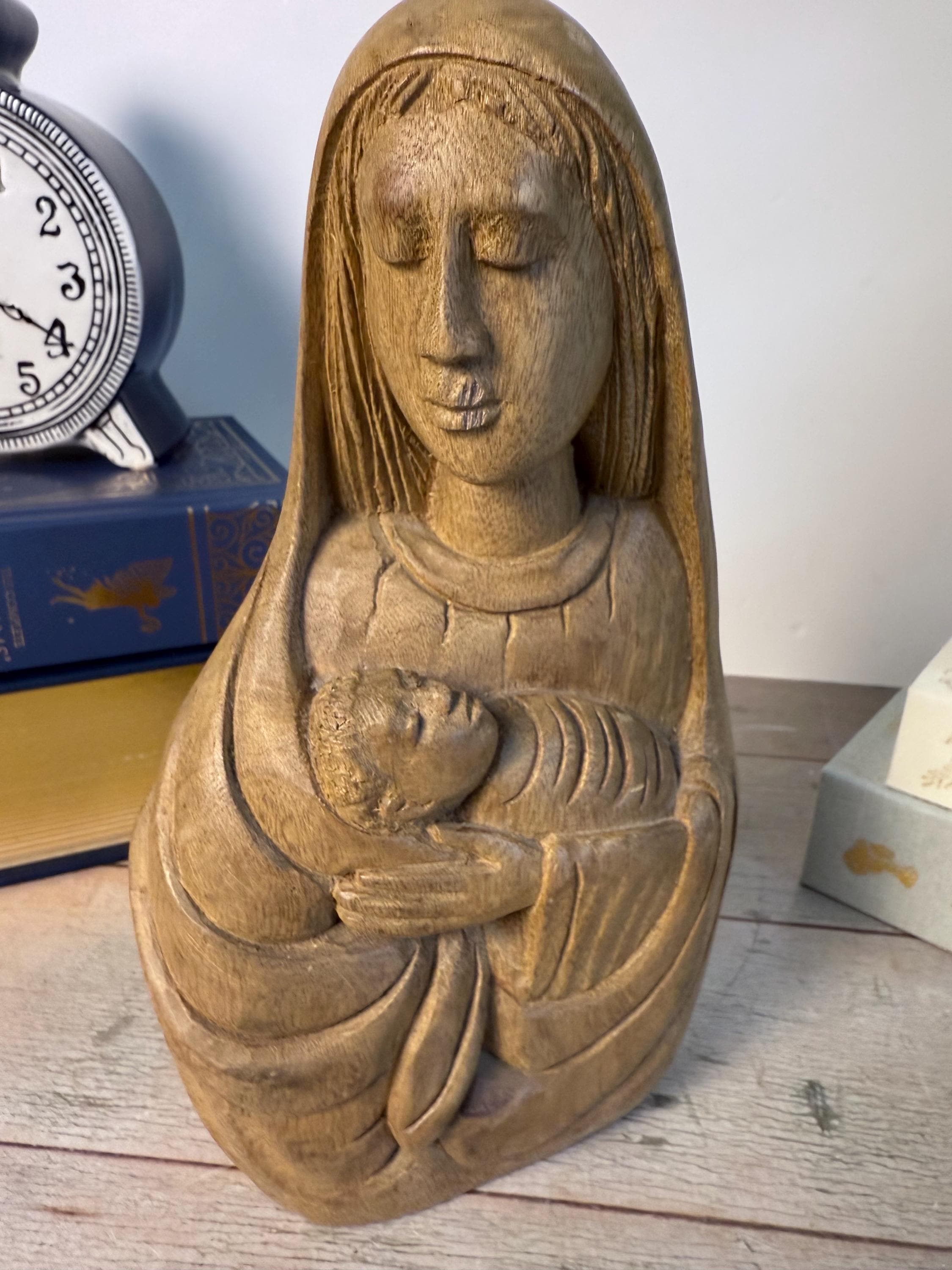 Vintage Hand Carved Wood Madonna and Child Statue Mary Jesus Religious ...
