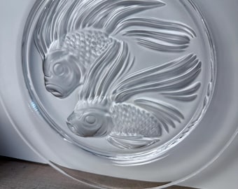 ヴィンテージ 1975年 ラリック フランス クリスタル ポワソン プレート 金魚2匹 8.5インチ