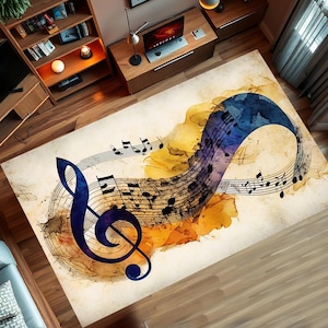 Elegante alfombra con notas musicales, perfecta para amantes de la música, moderna alfombra pastel con diseño de notas musicales, colores suaves, alfombra con temática musical