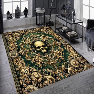 Skull Pattern Rug, Grim Reaper Rug, For Vintage Gothic Decor, Artistic Gothic Rug, Art Deco Horror Rug, Halloween Decor, Washable Scary Rug