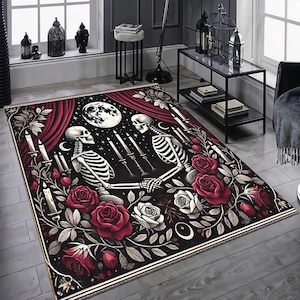 Skeleton Rug, Rainbow Goth Decor, Gothic Rose Rug, Floral Dark Gothic Rug, For Grunge Room Decor, Skeleton Home Decor, Washable Rug