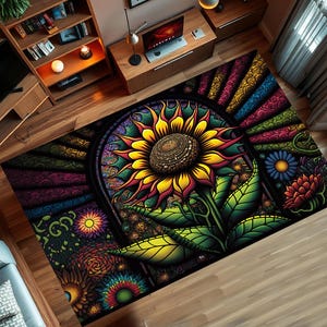 Sunflower Rug, Flower Decor Rug for Kitchen, Living Room & Bedroom, Colorful Yellow Pattern, Home Decor Rug for Fall, Gift for Him