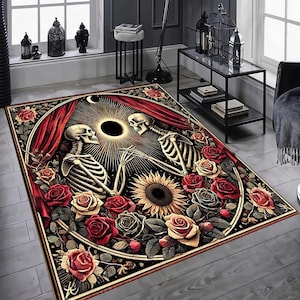 Skeleton Rug, Rainbow Goth Decor, Gothic Rose Rug, Floral Dark Gothic Rug, For Grunge Room Decor, Skeleton Home Decor, Washable Rug