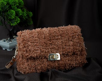 Handmade Fluffy Crochet Clutch: Brown Sparkle Yarn Evening Bag
