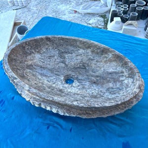 Large Oval Travertine Stone Sink – Hand-Carved Dark Natural Stone Basin – Rustic Farmhouse Vanity – Bathroom Vessel Sink