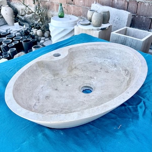 Handmade Natural Stone Sink – Oval Travertine Bathroom Basin – Rustic Marble Vanity Sink – Unique Stone Vessel – Farmhouse Bathroom Decor