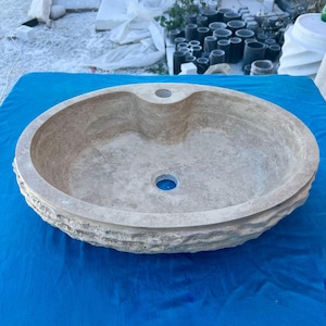 Handmade Travertine Vessel Sink – Natural Oval Stone Basin for Bathroom Vanity – Rustic, Wabi-Sabi, Spa Style Washbowl