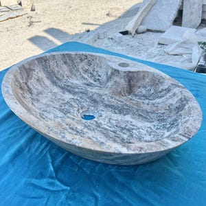 Handmade Travertine Sink Oval Basin – Natural Beige Gray Stone Bathroom Vanity – Rustic Marble Washbasin Vessel