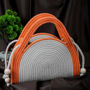 Handmade Crochet Rope Handbag: Orange & Gray Boho Tote with Wooden Beads