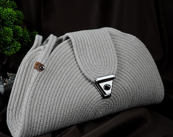 Handmade Gray Crochet Shoulder Bag: Elegant Large Tote Purse