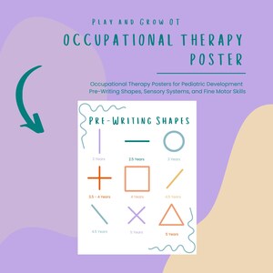May include: A printable poster for occupational therapy, featuring a chart of pre-writing shapes with corresponding age ranges. The chart includes shapes like vertical lines, horizontal lines, circles, crosses, squares, diagonal lines, and triangles.