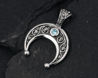 Interchangeable Stone Lunnitsa Pendant, Sterling Silver Slavic Moon Necklace, Customizable Crescent Amulet, Pagan Wiccan Jewelry,Witchy Gift