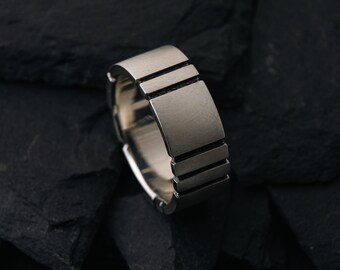 Mens Wide Band Ring, Sterling Silver 925, Brutalist Industrial Design, Matte Finish, Oxidized Charcoal Texture, Modern Geometric Jewelry