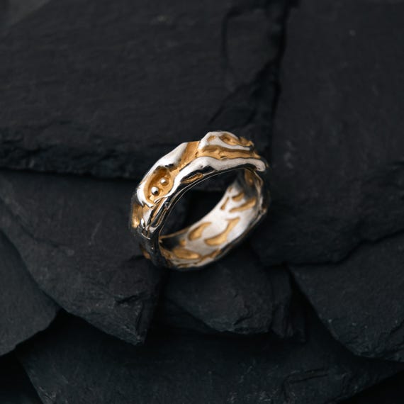 Organic Melted Silver Ring with 24k Gold Accents, Mixed Metal Wide Band, Abstract Liquid Texture, Unique 925 Sterling Silver & 999 Gold