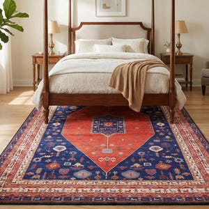 Red Blue Vintage Rug, Turkish Tribal Area Rug, Geometric Anatolian Carpet, Boho Statement Living Room Rug, Washable Non Slip, Easy Clean