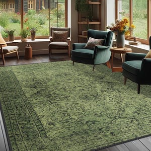 Grüner türkischer Teppich für Wohnzimmer, schicker und künstlerischer Look, ideal für Esstischteppich, rutschfeste Rückseite, waschbarer Teppich für Haustierfreundliche Bereiche