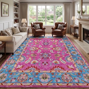Pink Blue Vintage Style Rug, Boho Chic Area Carpet for Living Room, Machine Washable, Non-Slip, Custom Size