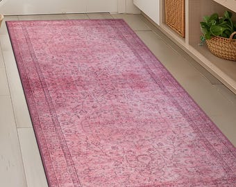 Pink Turkish Hallway Rug, Vintage Oriental Design, Machine Washable, Non Slip, Aesthetic Bedside Rug