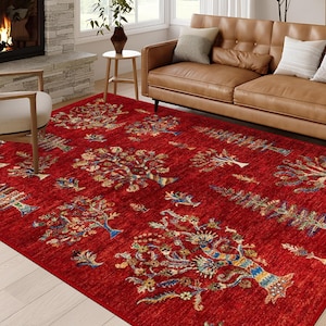 Alfombra turca roja con diseño de árbol de la vida, alfombra oriental para cocina, lavable a máquina, antideslizante.