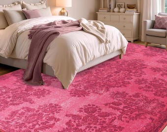 Elegante alfombra rosa, con motivos de alfombras turcas, antideslizante, de algodón, de pelo corto y lavable.