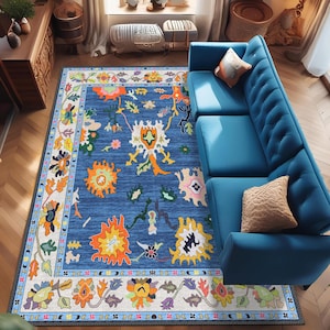 Colorful Oushak Style Rug, Blue Rug for Living Room, Bedroom, Non-Slip Backing, High Quality Material, Fast Free Delivery, Machine Washable