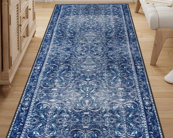 Vintage Blue Turkish Runner Rug, Distressed Oriental Design, Non Slip, Machine Washable