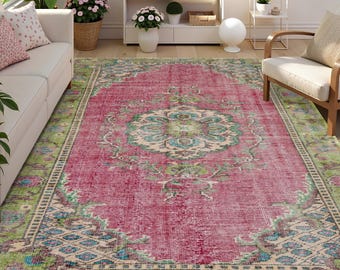 Tappeto orientale turco rosa, tappeto da soggiorno effetto invecchiato, lavabile in lavatrice, antiscivolo, a pelo corto.
