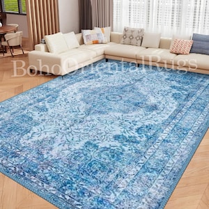 Elegant Turkish Blue Rug: Machine Washable, Pet Friendly